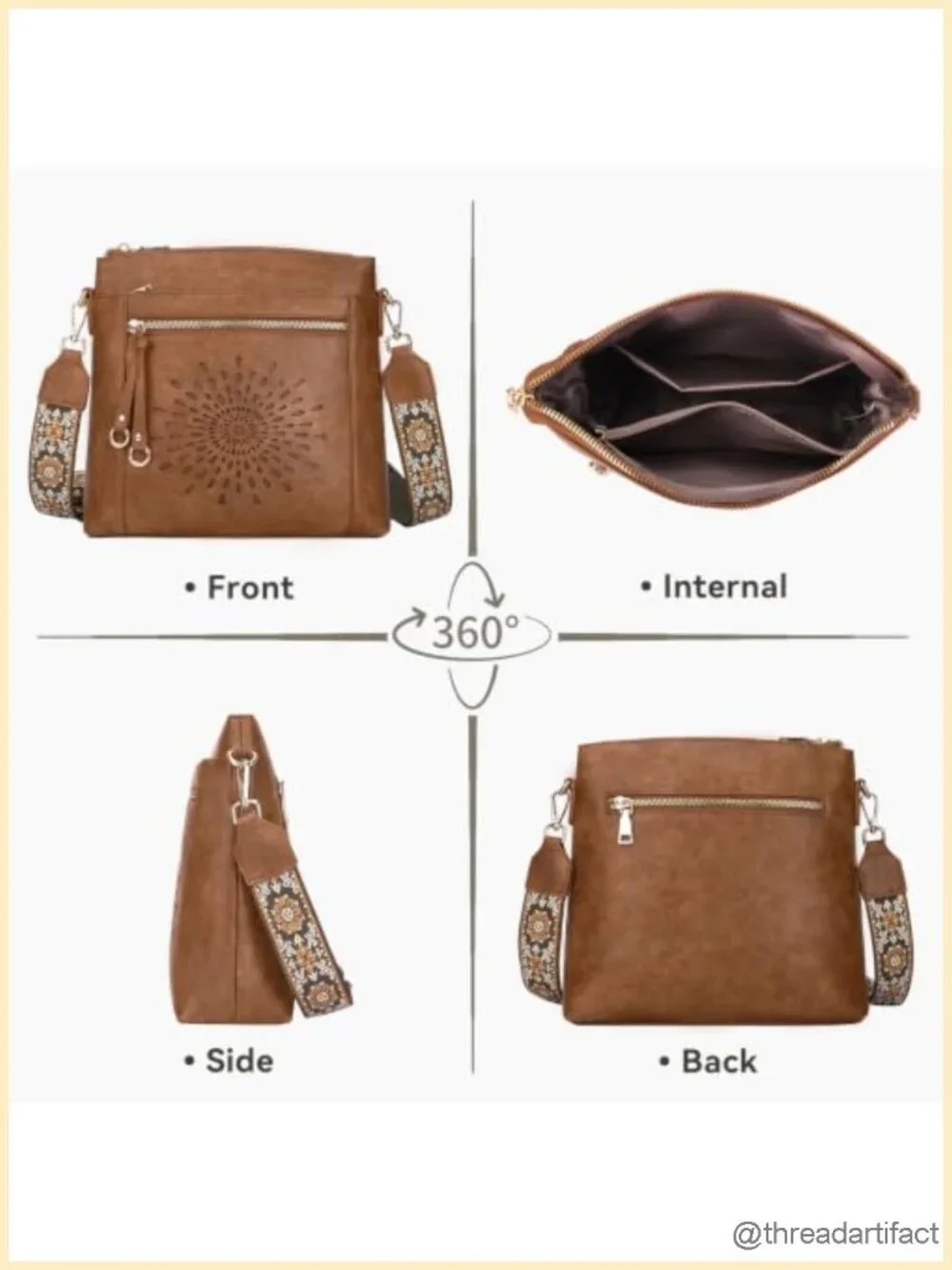 Faux Leather Crossbody Bag with Wide Guitar Strap, Multi Pocket
